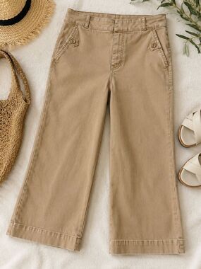 SPANX Khaki Stretch Twill Wide Leg Crop Pants Tummy Control Pull-On High Rise L